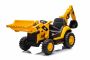 Excavator electric Caterpillar model cu licență cu cupă de excavare față și spate, scaun unic, galben, intrare USB pentru player MP3, tracțiune spate cu 2 motoare de 30 W și baterie litiu